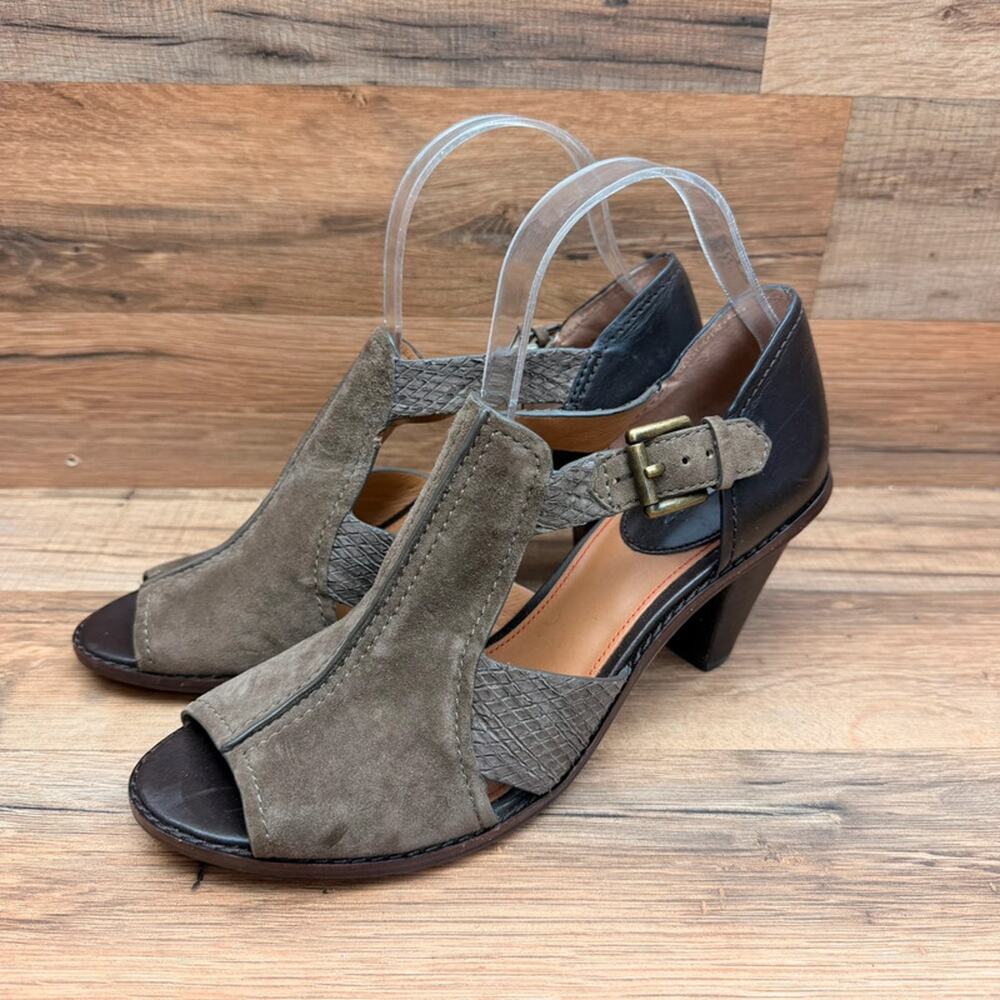 H.S. Trask size 9.5 brown suede sandals heels wedge shoes